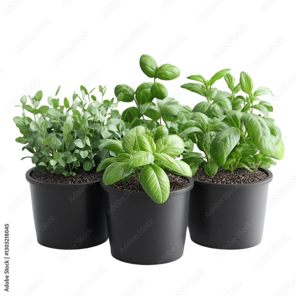 Three potted herbs fresh basil and mint plants in dark gray containers home gardening Three potted herbs fresh basil and mint plants in dark gray containers home gardening