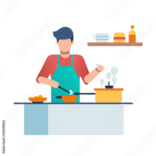Flat-style illustration of a man cooking in the kitchen, wearing an apron and preparing food, modern culinary concept for recipe blogs, food apps, and home cooking inspiration