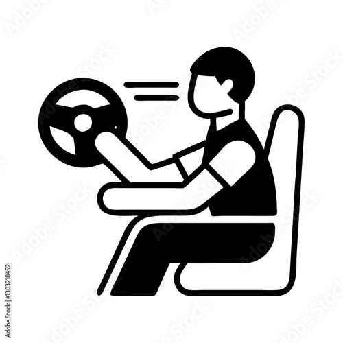 Black and white icon of a person driving a car, minimalistic transportation symbol for navigation apps, road safety, and automotive-related content