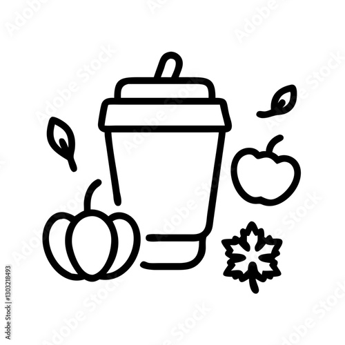 Black and white line art of a takeaway coffee cup with pumpkin, apple, and autumn leaves, minimalistic fall-themed icon for seasonal menus, coffee shops, and food blogs