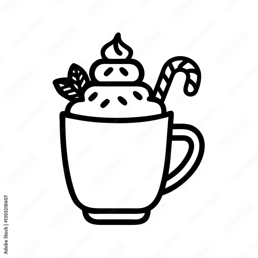 Minimalist black and white icon of a festive hot drink with whipped cream, mint, and candy cane Minimalist black and white icon of a festive hot drink with whipped cream, mint, and candy cane