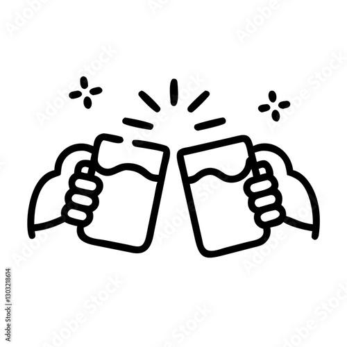 Black and white icon of two beer mugs clinking together, celebration and cheers symbol