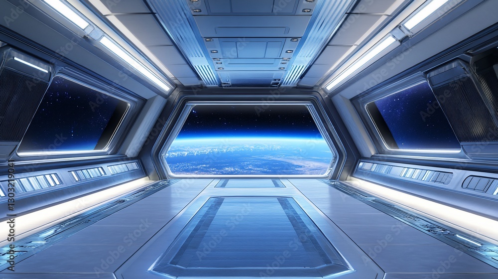 Obraz premium Spaceship corridor with Earth view.