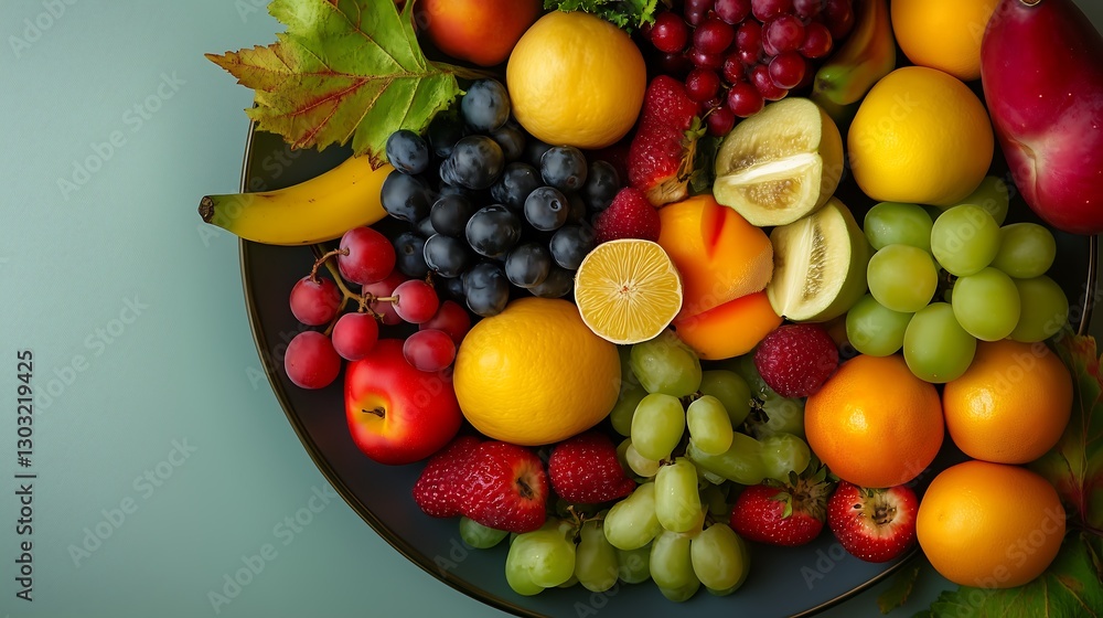 A balanced plate with colorful fruits and berries in the colors of the rainbow, close up top view, grey background A balanced plate with colorful fruits and berries in the colors of the rainbow, close up top view, grey background