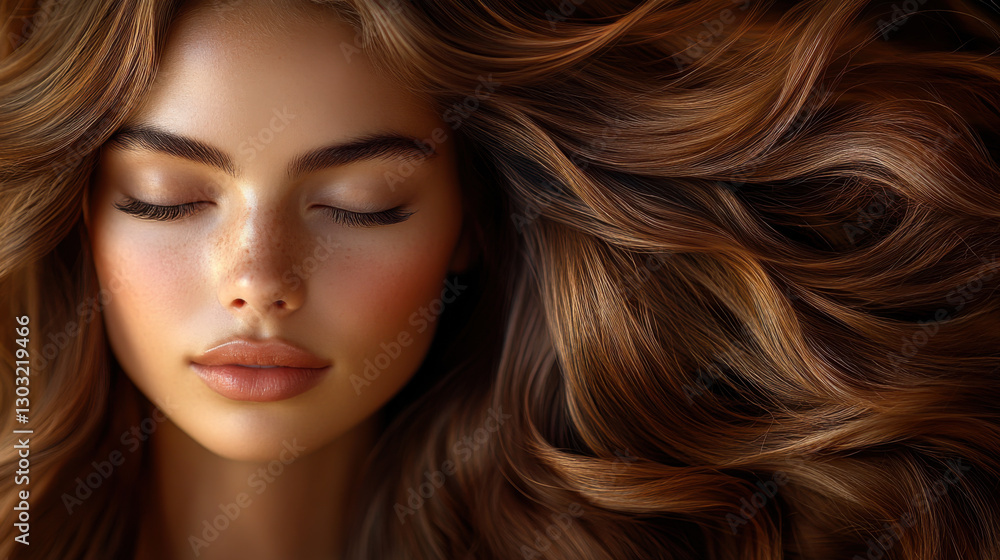 Obraz premium Captivating close-up portrait of a young woman with flowing hair lying gracefully with closed eyes