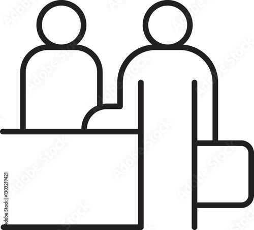 Two figures at a reception desk line icon