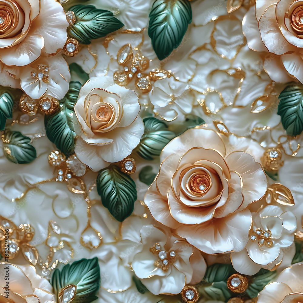 Luxurious 3D Roses with Gold Accents and Pearls – Elegant Floral Pattern.Perfect for high-end textile prints, luxury wallpaper, wedding invitations, jewelry branding, home decor Luxurious 3D Roses with Gold Accents and Pearls – Elegant Floral Pattern.Perfect for high-end textile prints, luxury wallpaper, wedding invitations, jewelry branding, home decor