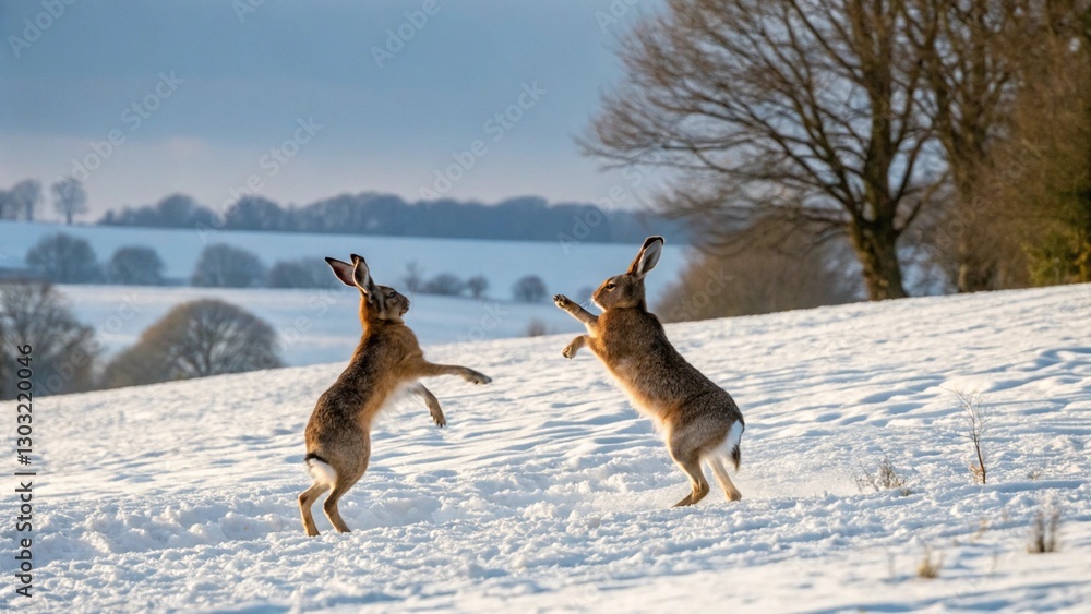 Fototapeta premium Two hares grooming each other in a quiet, snowy clearing, with natural light illuminating the scene