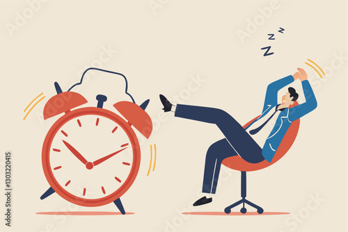 Afternoon slump, laziness and procrastination postpone work to do later, boredom and sleepy work concept, businessman sleeping lay down on office chair and alarm clock covered his face with book.