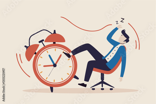 Afternoon slump, laziness and procrastination postpone work to do later, boredom and sleepy work concept, businessman sleeping lay down on office chair and alarm clock covered his face with book.