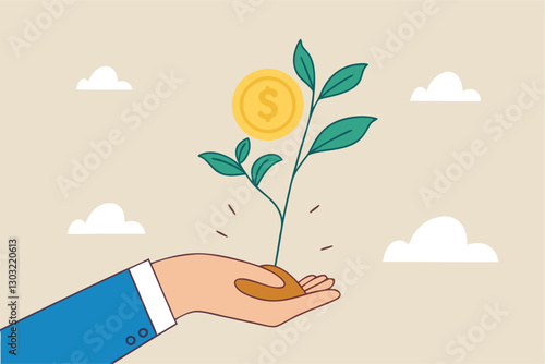 Investment growth, prosperity or earn more money from savings, mutual funds or opportunity to make profit and increase wealth, businessman investor hand holding money flower plant from pile of coins.