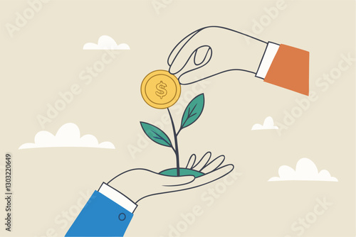 Investment growth, prosperity or earn more money from savings, mutual funds or opportunity to make profit and increase wealth, businessman investor hand holding money flower plant from pile of coins.