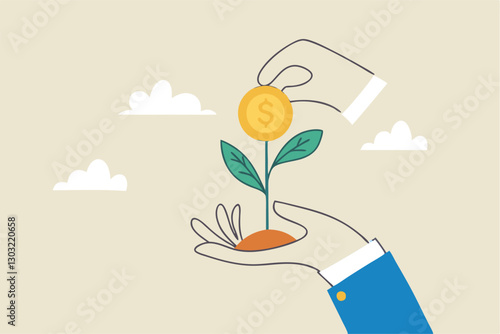 Investment growth, prosperity or earn more money from savings, mutual funds or opportunity to make profit and increase wealth, businessman investor hand holding money flower plant from pile of coins.