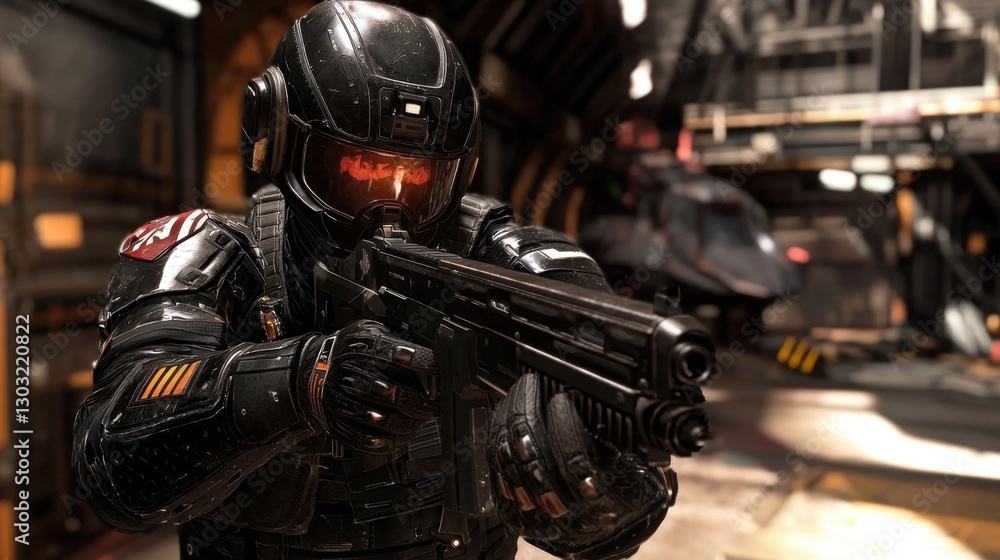 A man in a black suit with a red stripe on his chest is holding a gun A man in a black suit with a red stripe on his chest is holding a gun