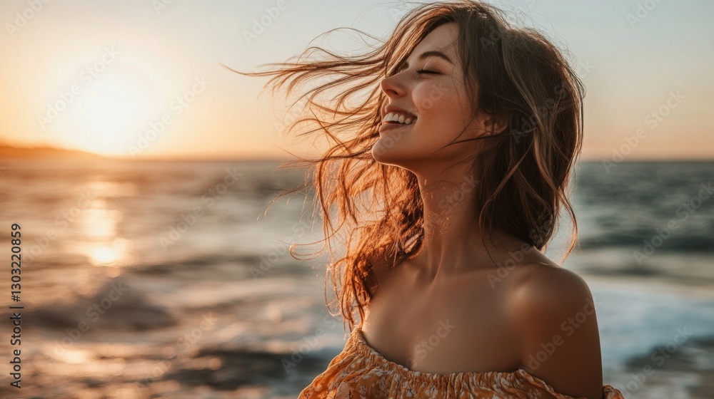 Woman in a summer dress standing by the ocean, wind blowing her hair, golden hour lighting Woman in a summer dress standing by the ocean, wind blowing her hair, golden hour lighting