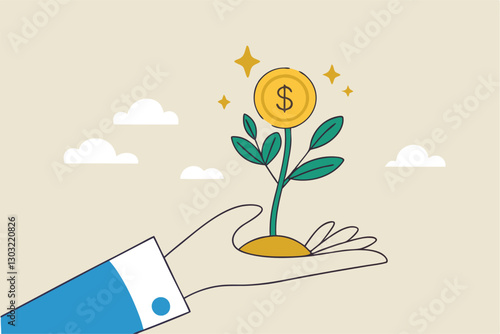 Investment growth, prosperity or earn more money from savings, mutual funds or opportunity to make profit and increase wealth, businessman investor hand holding money flower plant from pile of coins.