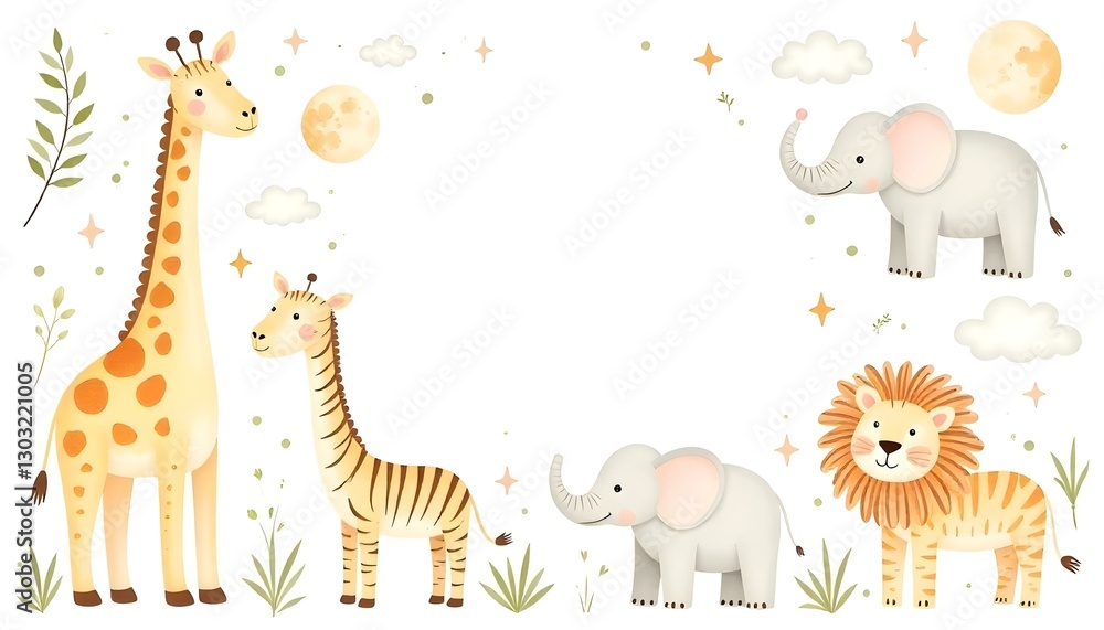 Ilustración en acuarela de un conjunto de animales y plantas de safari, incluidos una jirafa, un tigre, un elefante, una cebra, un rinoceronte y un león Ilustración en acuarela de un conjunto de animales y plantas de safari, incluidos una jirafa, un tigre, un elefante, una cebra, un rinoceronte y un león