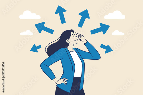 Tough decisions, choosing career path, make choices or think about final result, business directions challenge, confusion or decide options concept, businesswoman thinking and make business decisions.