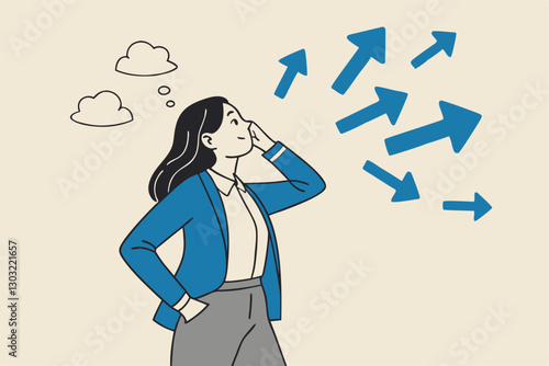 Tough decisions, choosing career path, make choices or think about final result, business directions challenge, confusion or decide options concept, businesswoman thinking and make business decisions.