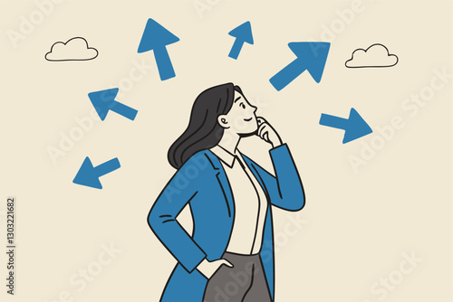 Tough decisions, choosing career path, make choices or think about final result, business directions challenge, confusion or decide options concept, businesswoman thinking and make business decisions.