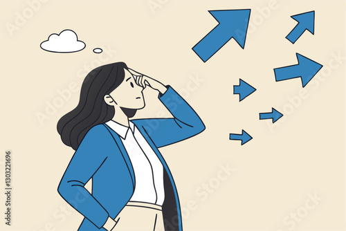 Tough decisions, choosing career path, make choices or think about final result, business directions challenge, confusion or decide options concept, businesswoman thinking and make business decisions.