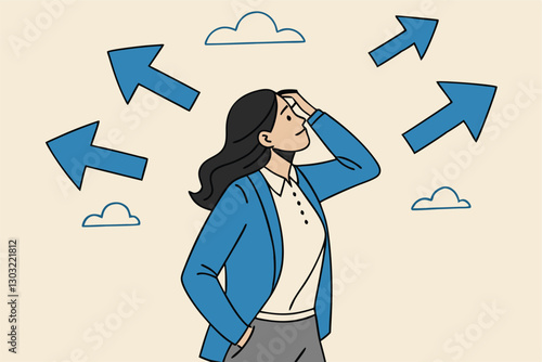 Tough decisions, choosing career path, make choices or think about final result, business directions challenge, confusion or decide options concept, businesswoman thinking and make business decisions.
