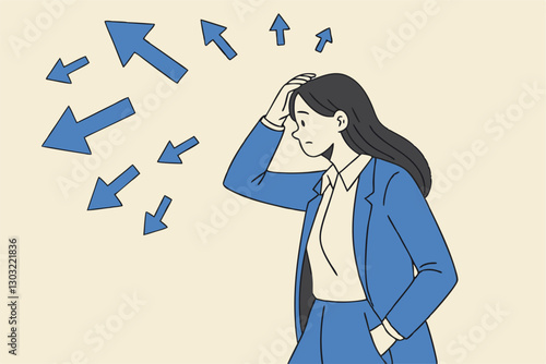 Tough decisions, choosing career path, make choices or think about final result, business directions challenge, confusion or decide options concept, businesswoman thinking and make business decisions.