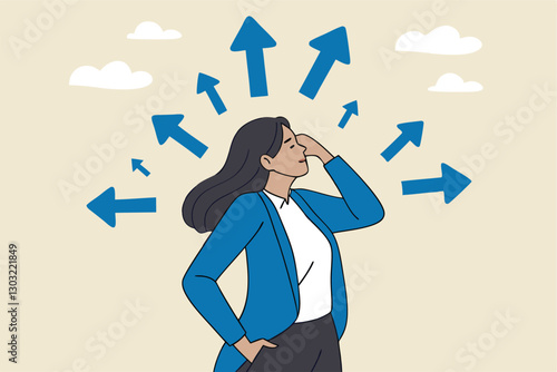 Tough decisions, choosing career path, make choices or think about final result, business directions challenge, confusion or decide options concept, businesswoman thinking and make business decisions.