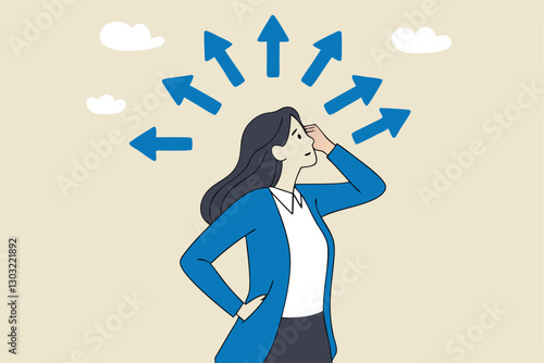 Tough decisions, choosing career path, make choices or think about final result, business directions challenge, confusion or decide options concept, businesswoman thinking and make business decisions.