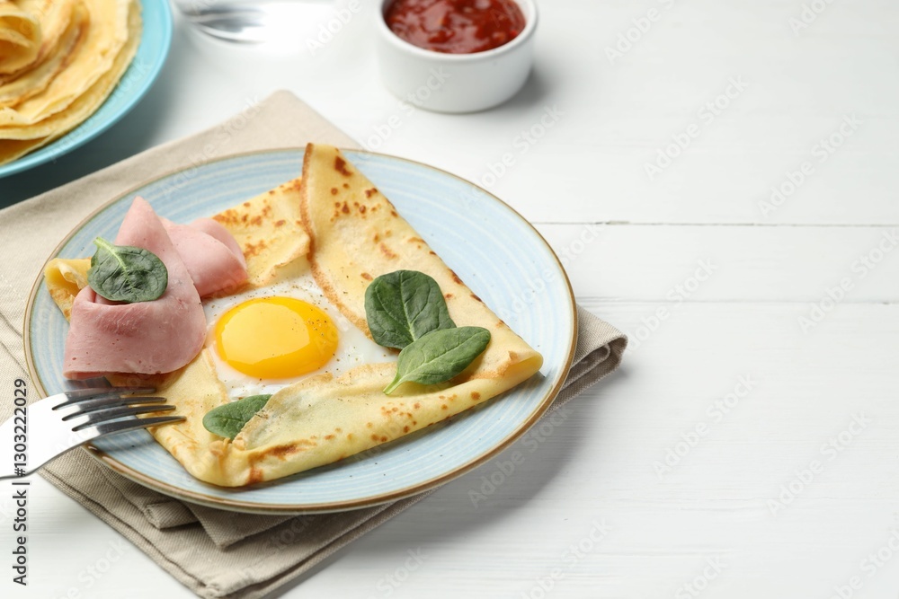 Delicious crepes with egg, ham, basil and sauce on white wooden table, closeup. Space for text Delicious crepes with egg, ham, basil and sauce on white wooden table, closeup. Space for text