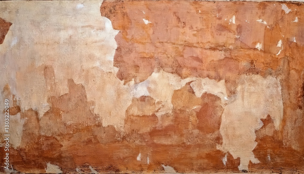 Fototapeta premium aged peeling plaster wall texture with earthy ochre and terracotta tones, rustic weathered surface for vintage background