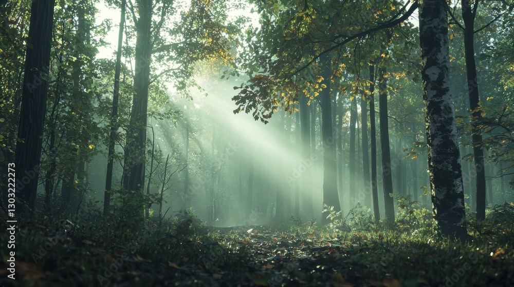 Fototapeta premium A forest with a path through it and a tree with leaves on it