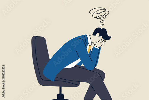 Regret on business mistake, frustration or depressed, stupidity or foolish losing all money, stressed and anxiety on failure concept, frustrated businessman holding his head sitting alone on the chair