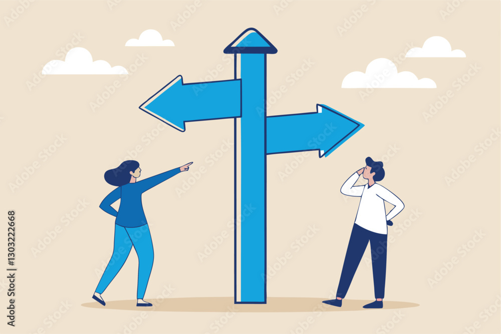 Direction choice, crossroad or decision for career path, choosing path way, challenge or opportunity doubt, determination or tough decision concept, business people thinking on difference career path. Direction choice, crossroad or decision for career path, choosing path way, challenge or opportunity doubt, determination or tough decision concept, business people thinking on difference career path.