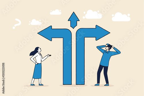 Direction choice, crossroad or decision for career path, choosing path way, challenge or opportunity doubt, determination or tough decision concept, business people thinking on difference career path.