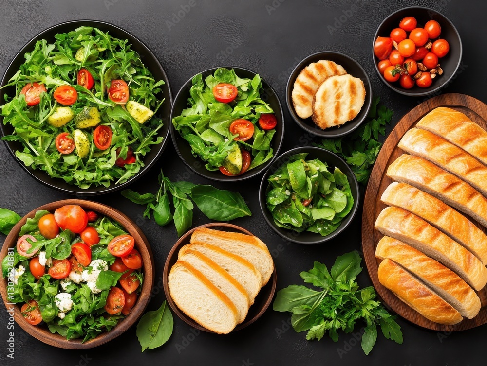 Freshly prepared salads with tomatoes and bread on a dark background Freshly prepared salads with tomatoes and bread on a dark background