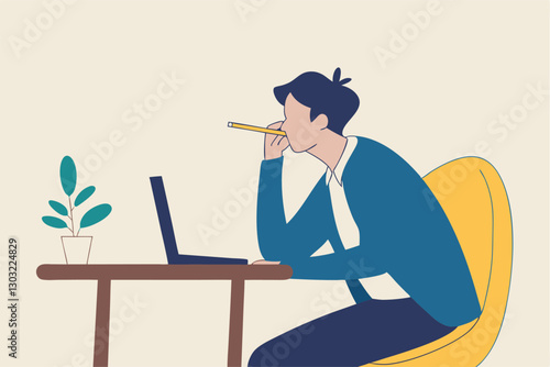 Boring office worker, exhausted or fatigue employee, afternoon slump or tired and burnout at work concept, sleepy businessman office worker hand on chin bored sitting low energy on his working desk.