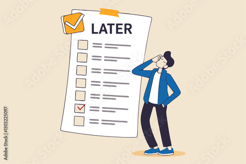 Procrastination, do it later, laziness to postpone every work tasks to later check list concept, frustrated businessman office worker look at long list of later todo list paper note pinned on the wall