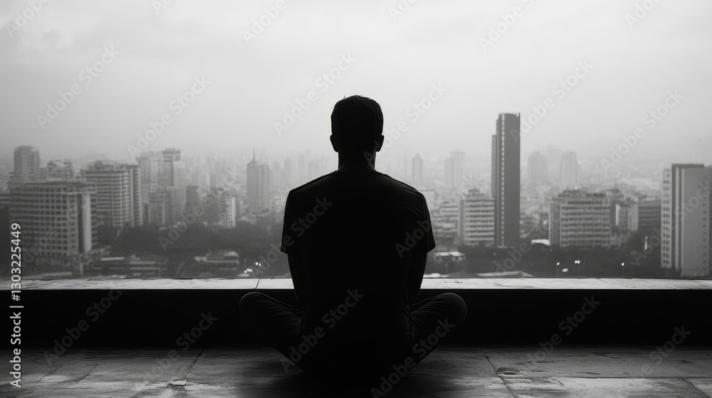 Fototapeta premium Contemplative person overlooking city skyline in monochrome.