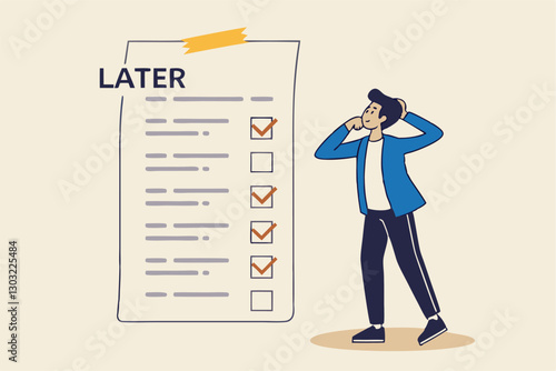 Procrastination, do it later, laziness to postpone every work tasks to later check list concept, frustrated businessman office worker look at long list of later todo list paper note pinned on the wall