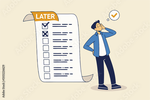 Procrastination, do it later, laziness to postpone every work tasks to later check list concept, frustrated businessman office worker look at long list of later todo list paper note pinned on the wall