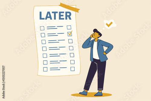 Procrastination, do it later, laziness to postpone every work tasks to later check list concept, frustrated businessman office worker look at long list of later todo list paper note pinned on the wall