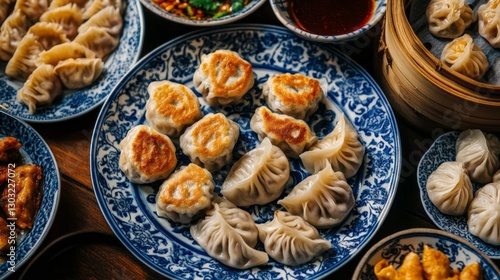Wallpaper Mural Exquisite dining experience unfolds with a variety of dumplings presented on ornate plates. The warm atmosphere enhances the enjoyment of savory delights, captivating diners' senses Torontodigital.ca