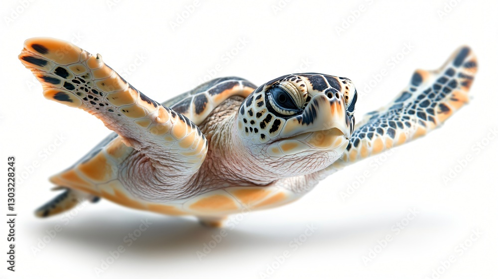 Fototapeta premium Charming Sea Turtle in Graceful Motion Underwater Against a Light Background
