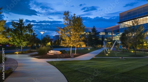 Wallpaper Mural At dawn, the modern corporate campus green Spaces feature synchronized color-changing LED path lighting, smart irrigation sprays, and frilly Berlin boulevards viewed from equidistant angles. Torontodigital.ca