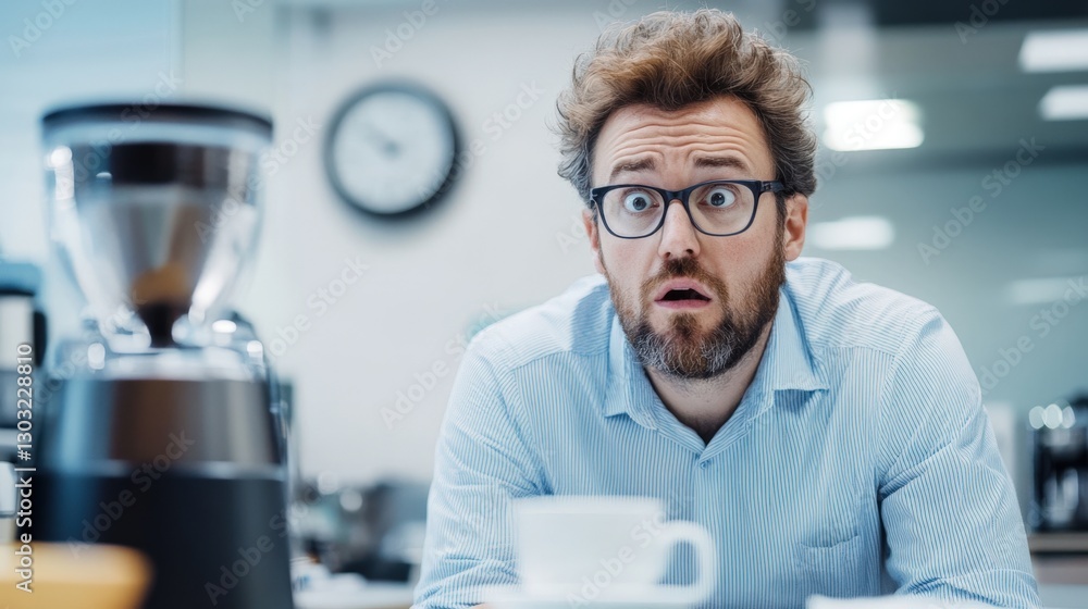 Surprised Man Experiencing Coffee Mishap in Modern Office Setting Surprised Man Experiencing Coffee Mishap in Modern Office Setting
