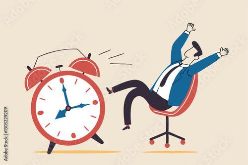 Afternoon slump, laziness and procrastination postpone work to do later, boredom and sleepy work concept, businessman sleeping lay down on office chair and alarm clock covered his face with book.