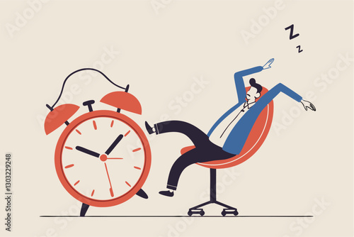 Afternoon slump, laziness and procrastination postpone work to do later, boredom and sleepy work concept, businessman sleeping lay down on office chair and alarm clock covered his face with book.