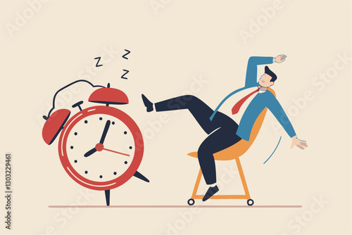 Afternoon slump, laziness and procrastination postpone work to do later, boredom and sleepy work concept, businessman sleeping lay down on office chair and alarm clock covered his face with book.