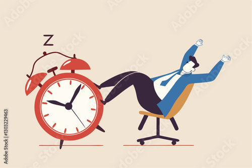Afternoon slump, laziness and procrastination postpone work to do later, boredom and sleepy work concept, businessman sleeping lay down on office chair and alarm clock covered his face with book.